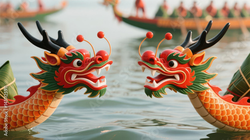 On the Loong Boat Festival, two dragon boat heads decorated with bright colors symbolize the exorcism and disaster avoidance and the commemoration of Qu Yuan.