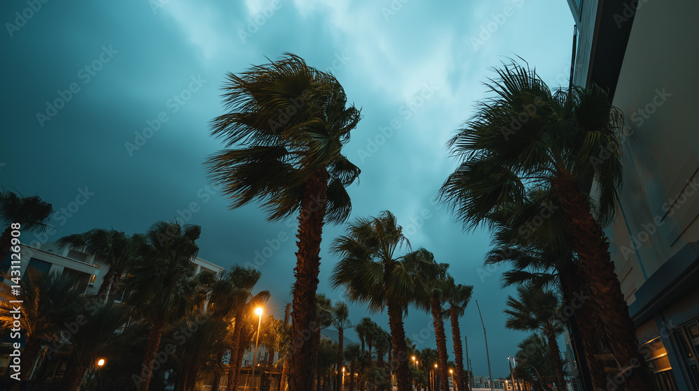 Obraz premium palm tree silhouettes lining a road, twilight sky, vintage film grain effect, cinematic scenery