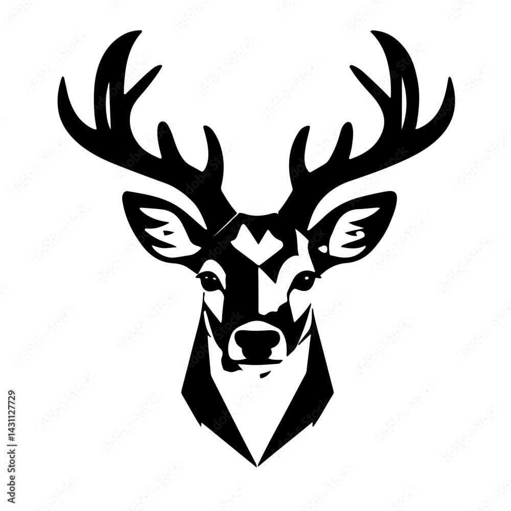 Fototapeta premium Deer head adorned with leaves and flowers against a white background, showcasing a blend of nature and artistry