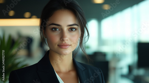 Confident female executive in a tailored blazer, poised and professional, embodying leadership and determination.
