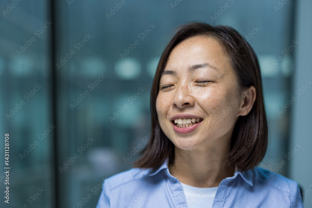 Young woman relaxing and resting close up dreaming, office worker with closed eyes inside office close up. Young woman relaxing and resting close up dreaming, office worker with closed eyes inside office close up.