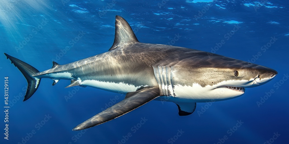 Fototapeta premium A sleek shark swimming majestically through the clear blue waters, with sunlight shining down