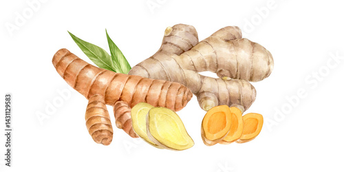 Turmeric and ginger root. Spice element perfect for healthy food design, herbal packaging, Ayurveda themes, and natural product branding. Watercolor illustration hand drawn and isolated.