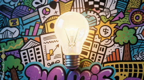 Illuminated Bulb with Graffiti Art Background, Signifying Innovation and Inspiration