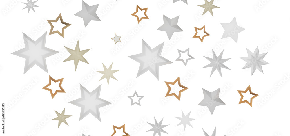 Abstract stars of gold, white and silver, forming a pattern on a black background.