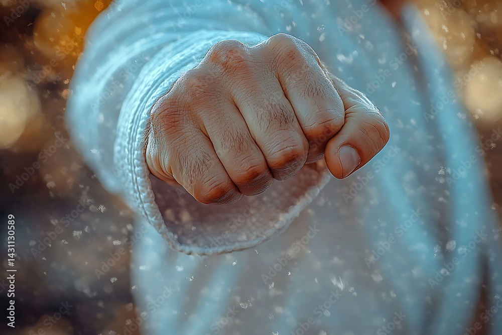 Obraz premium Close-up of a clenched fist in a light-colored martial arts uniform.