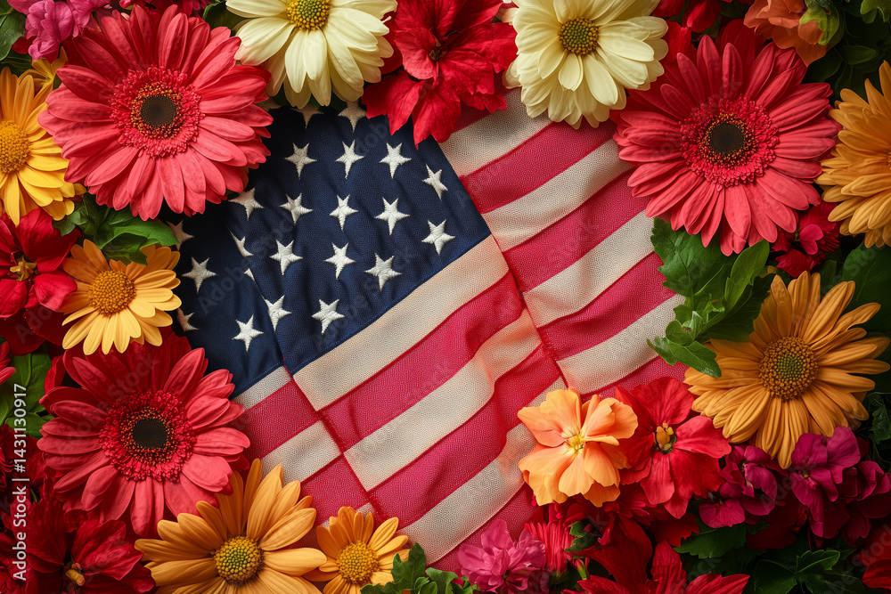 Obraz premium Celebrate freedom with vibrant flowers and the US flag art display