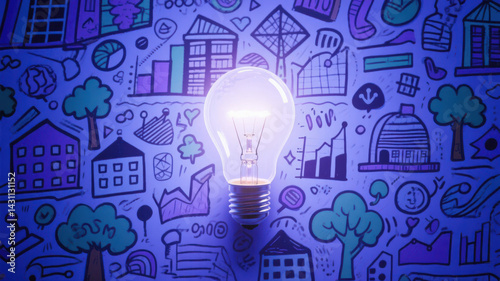 Glowing Light Bulb with Graffiti Artistic Flair, Symbolizing Innovation and Creative Inspiration