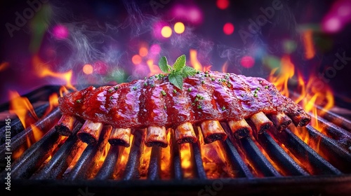 Grilled Ribs on Flaming Grill