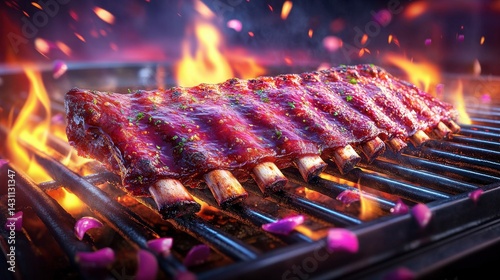 Grilled Ribs on Flaming Grill