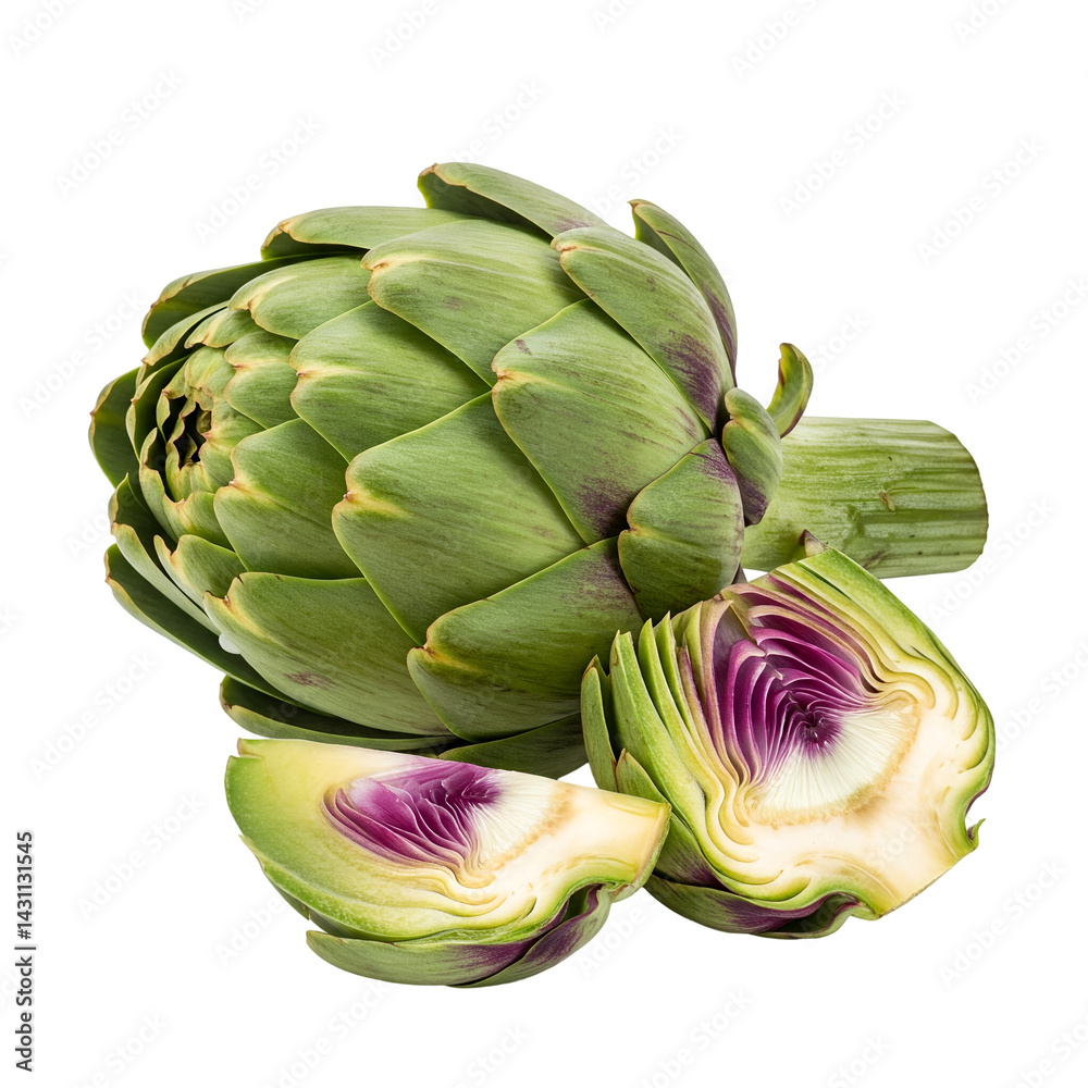 Fresh Artichokes, Whole and Halved isolated on transparent background Fresh Artichokes, Whole and Halved isolated on transparent background