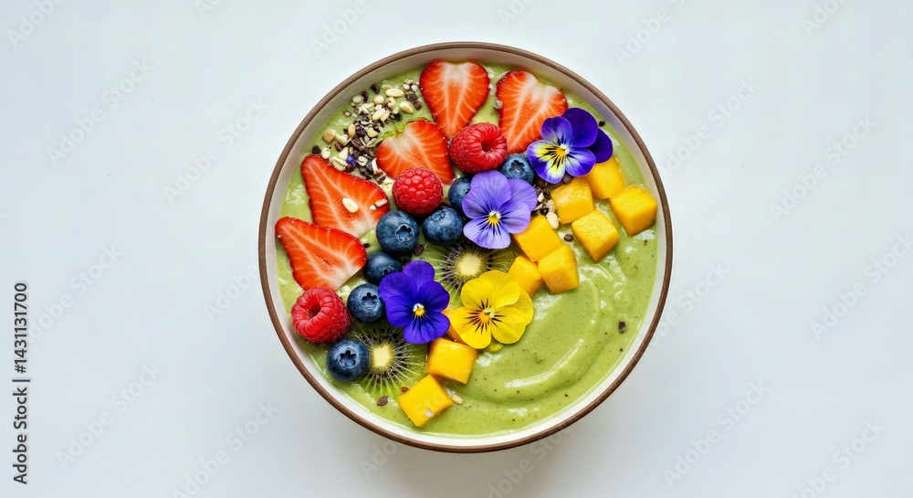 A smoothie bowl topped with fresh fruit and edible flowers A smoothie bowl topped with fresh fruit and edible flowers