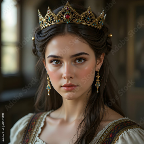 Portrait of a young woman with brown hair wearing a jeweled crown and ornate gold earrings indoors