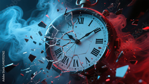 Time in Motion: Shattered Clock Face with Fragments Spreading, Embodying the Fluidity of Time