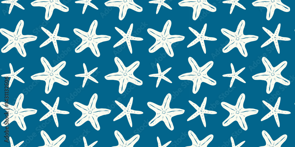 Marine seamless pattern with whimsical hand drawn starfishes on blue background. Ideal for backdrop, wallpaper, textile, packaging. Marine seamless pattern with whimsical hand drawn starfishes on blue background. Ideal for backdrop, wallpaper, textile, packaging.