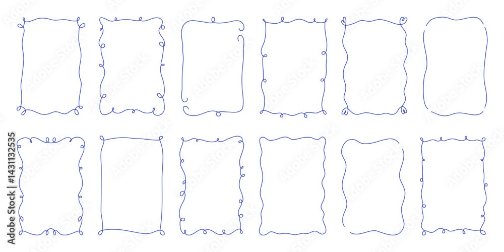 Set of simple curly line vertical frames. Trendy templates for wedding invitations, for birthday cards, menu, etc. Squiggly and wavy borders.