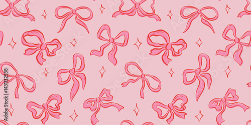 Seamless pattern with whimsical hand drawn red curly bows. Flat vector illustration. Perfect for festive background, textile, packaging.