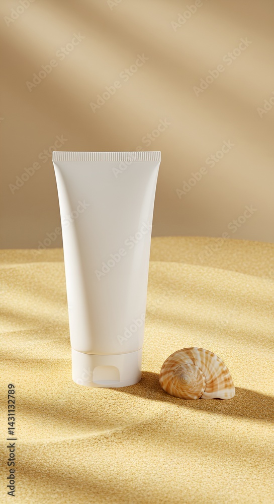 Minimalist sunblock tube on sand with seashell, summer skincare product Minimalist sunblock tube on sand with seashell, summer skincare product