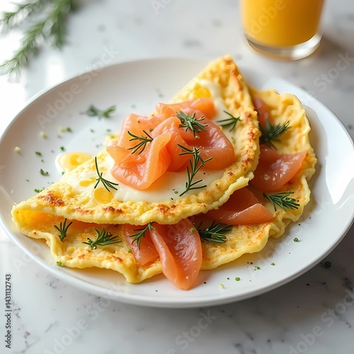 Fluffy omelette with cheese, herbs, and smoked salmon on a white plate