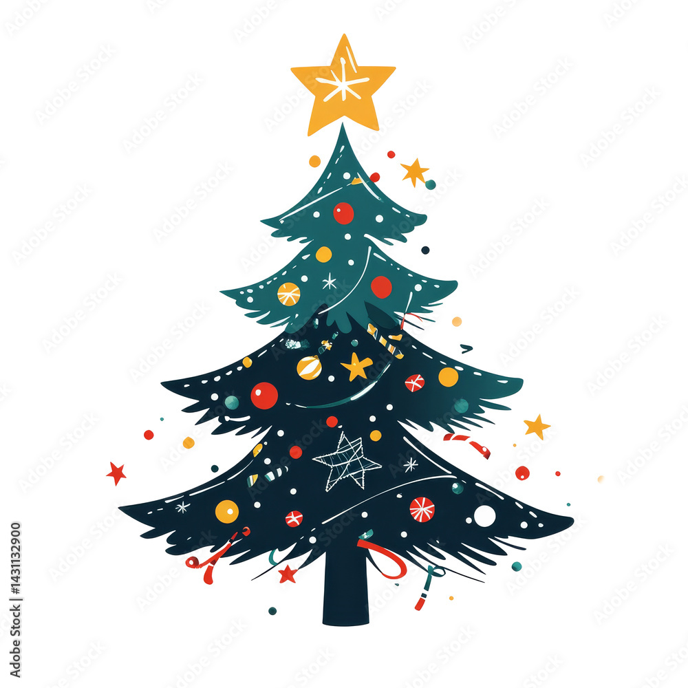 Christmas tree decorated with colorful ornaments and a star at the top