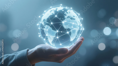 Holding a globe that emits light and is connected by light, symbolizing global network connectivity.