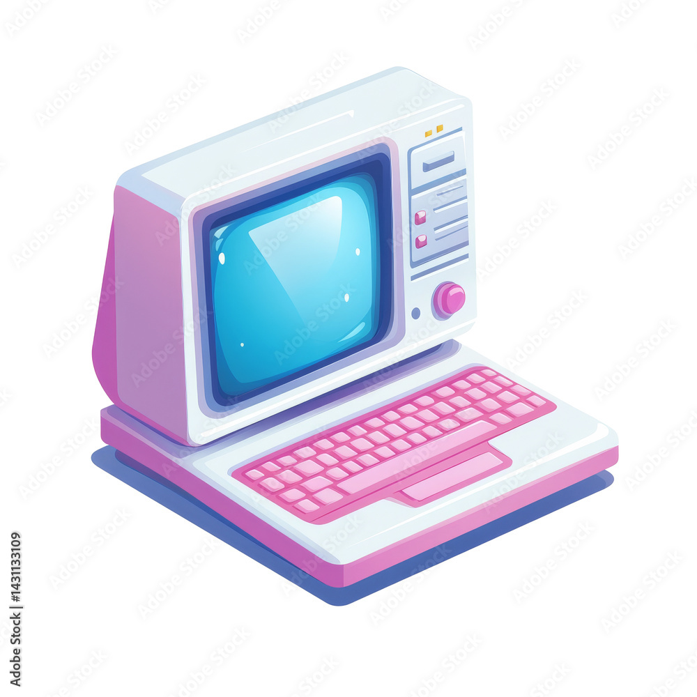 Vintage computer design showcasing retro aesthetic with colorful keyboard and screen