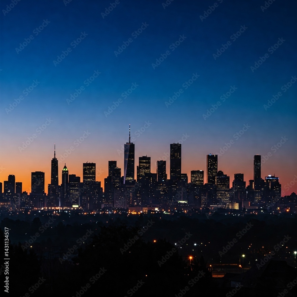 Fototapeta premium City skyline at dusk, silhouetted against a blue and orange sky. Lights twinkle from the buildings.