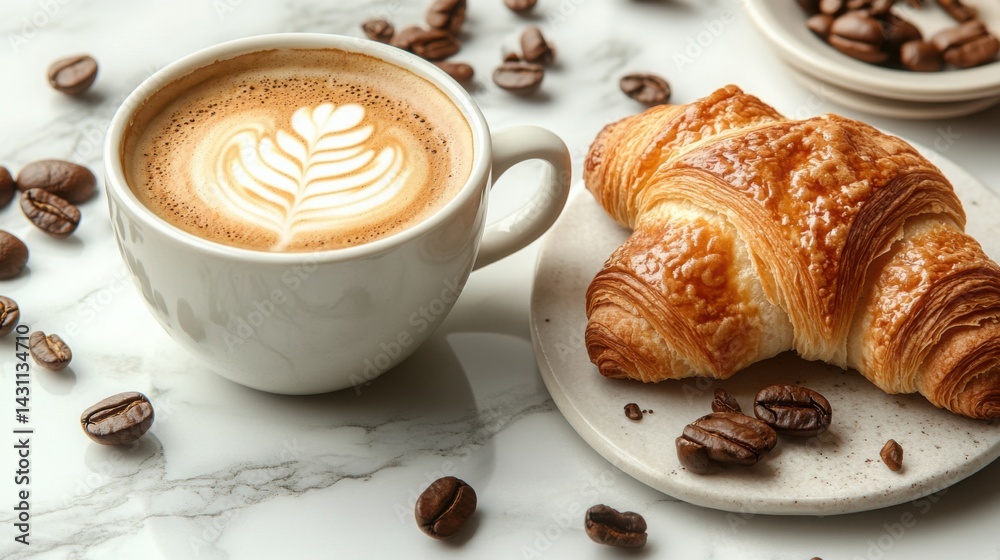Delicious Latte Art Coffee with Buttery Croissant and Coffee Beans