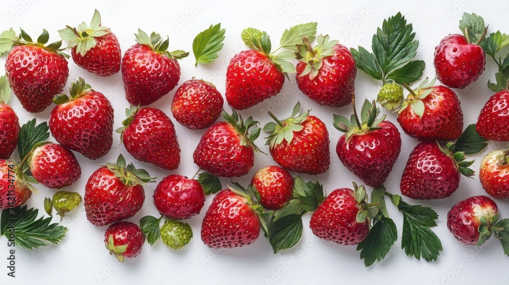 Fresh Ripe Red Strawberries with Green Leaves Food Photography Overhead Shot