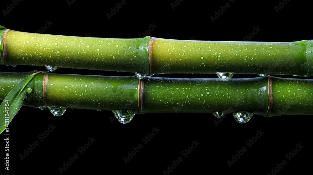 Fototapeta premium Bamboo Leaves with Water Droplets on Black Background.
