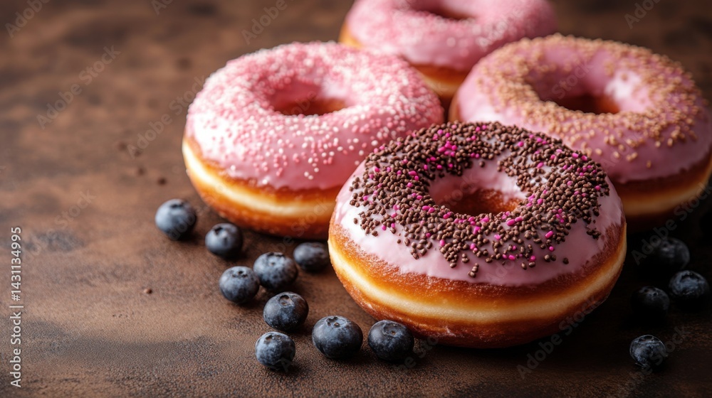Delicious Pink Glazed Donuts with Sprinkles and Blueberries Sweet Treat Pastry Bakery Food