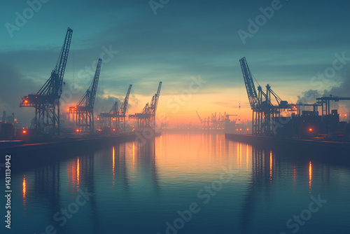Harbor Cranes at Rest in the Evening Glow