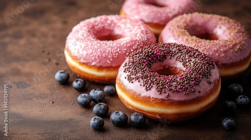 Delicious Pink Glazed Donuts with Sprinkles and Blueberries Sweet Treat Pastry Bakery Food