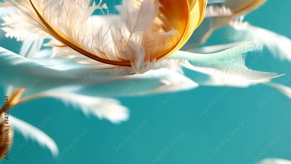 Close up view of delicate white and gold feathers floating against a teal background creating a sense of lightness and elegance