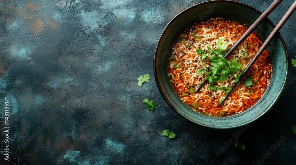 Spicy Asian Noodle Soup with Sesame Seeds Cilantro and Chopsticks
