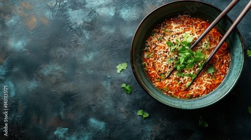 Obraz na płótnie Spicy Asian Noodle Soup with Sesame Seeds Cilantro and Chopsticks w salonie