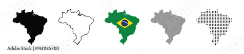 Brazil map vector icon set. Silhouette, states, regions, outline, flag, flat, dotted styles. Vector illustration