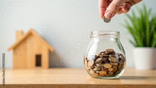 hand placing coin into glass jar full of savings on wooden table with wooden house figure and green potted plant in background, concept of home budgeting, personal finance, investment planning