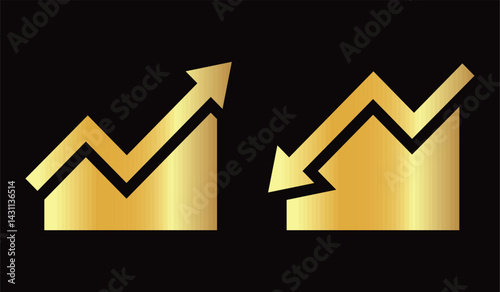 Up and Down sign with golden arrows isolated on a black, vector illustration. Concept of gold price symbol icon with arrow moving down and sales bar chart with gold arrows moving up and down.