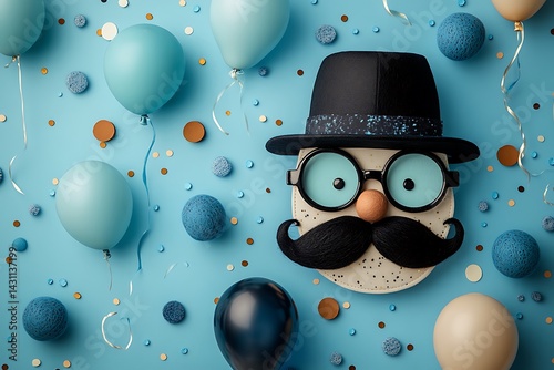 Festive Composition Hat, Glasses, Mustache, Confetti, and Balloons on Blue Surface