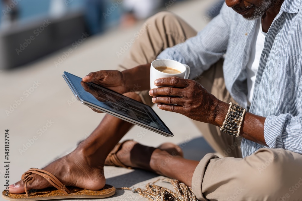 Fototapeta premium A relaxed man sits by the water, enjoying his coffee while engaging with a tablet, embodying tranquility, leisure, and modern lifestyle in a serene outdoor setting.