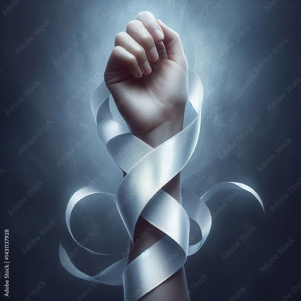 An artistic composition with a white ribbon elegantly wrapped around the wrist, conveying a sense of remembrance and awareness. AI generated.