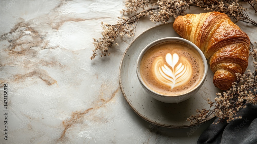 Delicious Latte Art Coffee with Croissant on Marble Background Cozy Breakfast