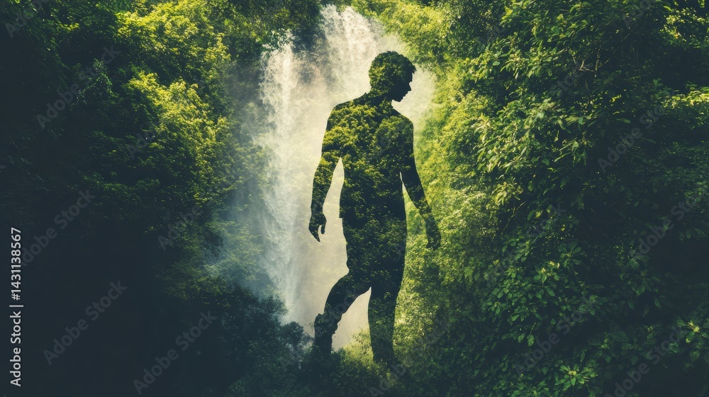 Creative Waterfall Illustration of a Human Figure Walking Through a Vibrant Forest, Embodying the Essence of Nature Generative AI