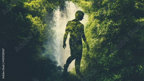Obraz na płótnie Creative Waterfall Illustration of a Human Figure Walking Through a Vibrant Forest, Embodying the Essence of Nature Generative AI w salonie