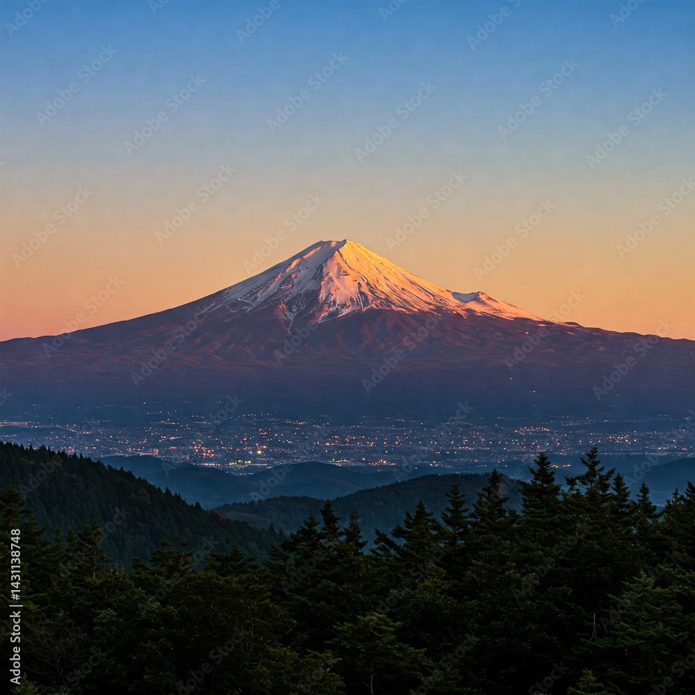 Fototapeta premium Majestic Mount Fuji capped with snow, glowing at sunset over a city and evergreen forest.