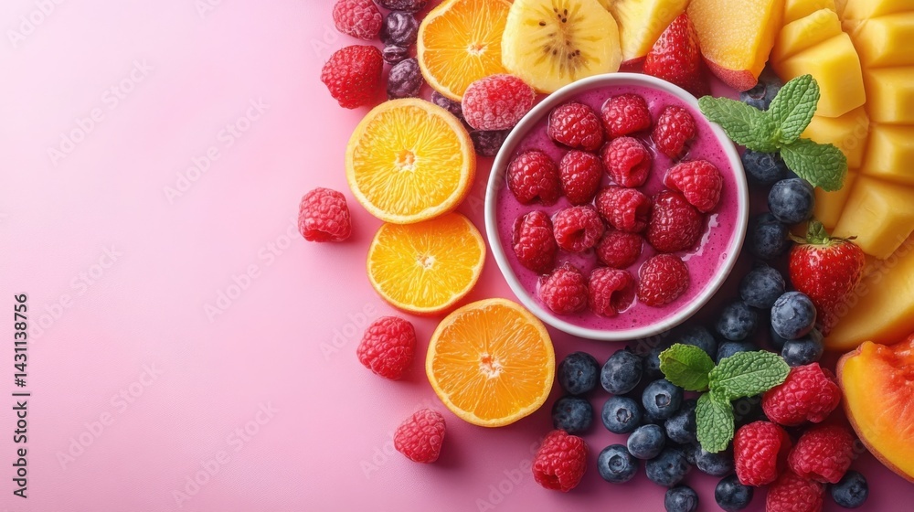 Delicious Raspberry Smoothie Bowl with Fresh Fruits Berries on Pink Background