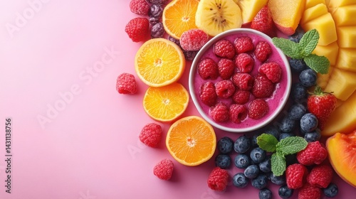 Obraz na płótnie Delicious Raspberry Smoothie Bowl with Fresh Fruits Berries on Pink Background w salonie