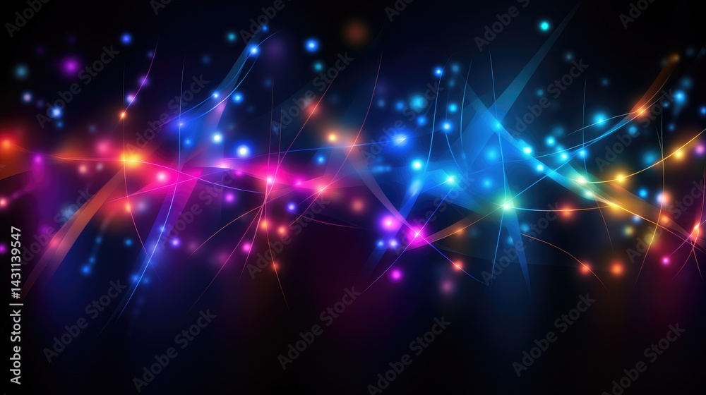 Fototapeta premium Abstract blurred background with colorful lights. Blurred light streaks on a dark background, resembling car headlights or party lights. 