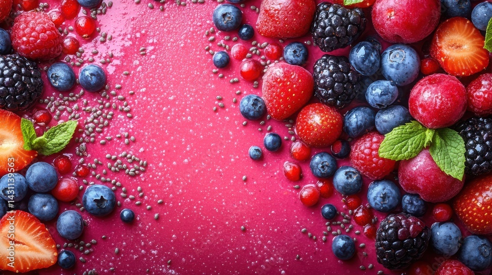 Vibrant Summer Berries and Chia Seeds on Pink Background Healthy Food Smoothie Concept